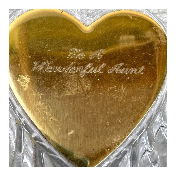 Heart Shaped Crystal Trinket Dish Box Gold Engraved To A Great Aunt Gift Vintage - Picture 3 of 12